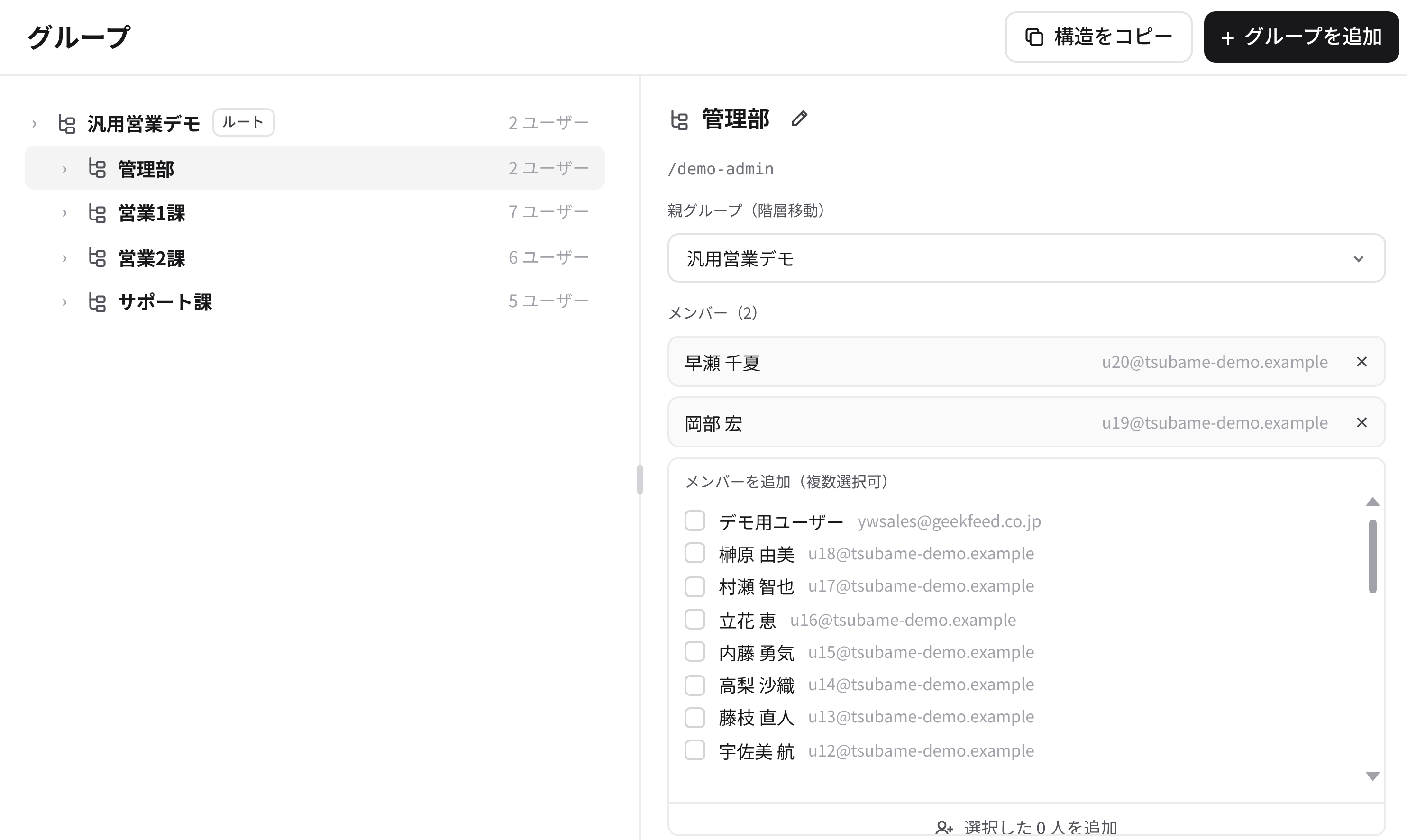 YouWire Webの管理画面（グループ設定画面）